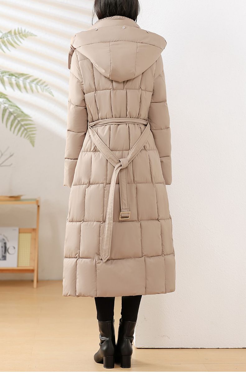 Damenbekleidung Abnehmbare Kapuze Damen Wintermantel - Mittellange Steppjacke mit Kunstpelzbesatz, Slim Fit & Taillengürtel, Übergröße erhältlich_voghion.com