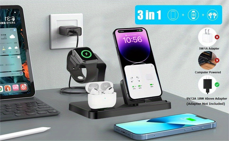 Stație de încărcare wireless 3 în 1: Stație de încărcare rapidă pentru Apple Watch, Pro 2/3, iPhone 14/13/11 și seriile anterioare_voghion.com