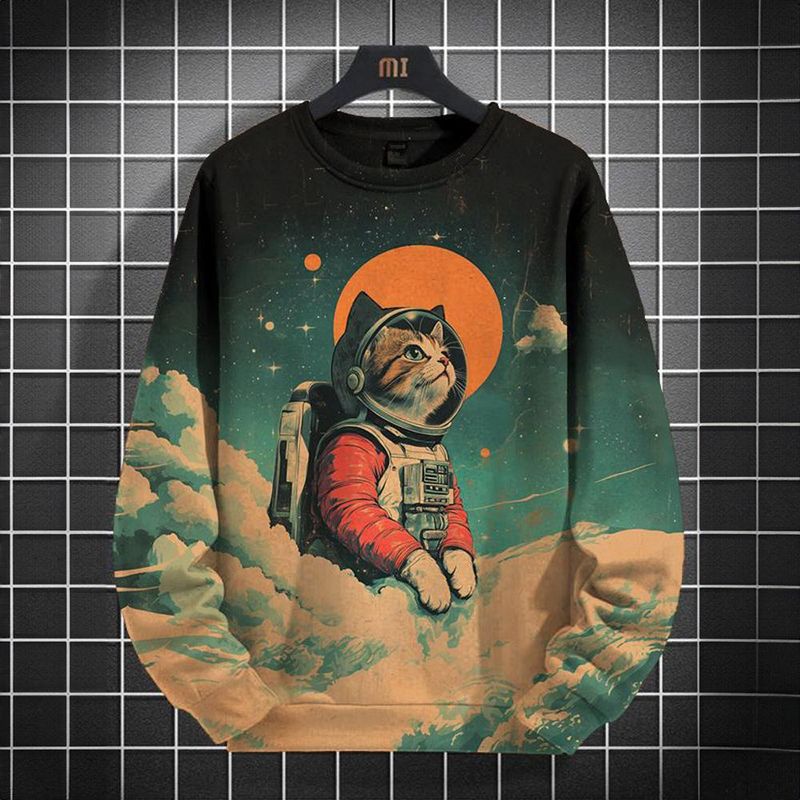 Sudadera con capucha japonesa para hombre, jersey con estampado 3D de gato espacial, informal, de manga larga, talla grande_voghion.com