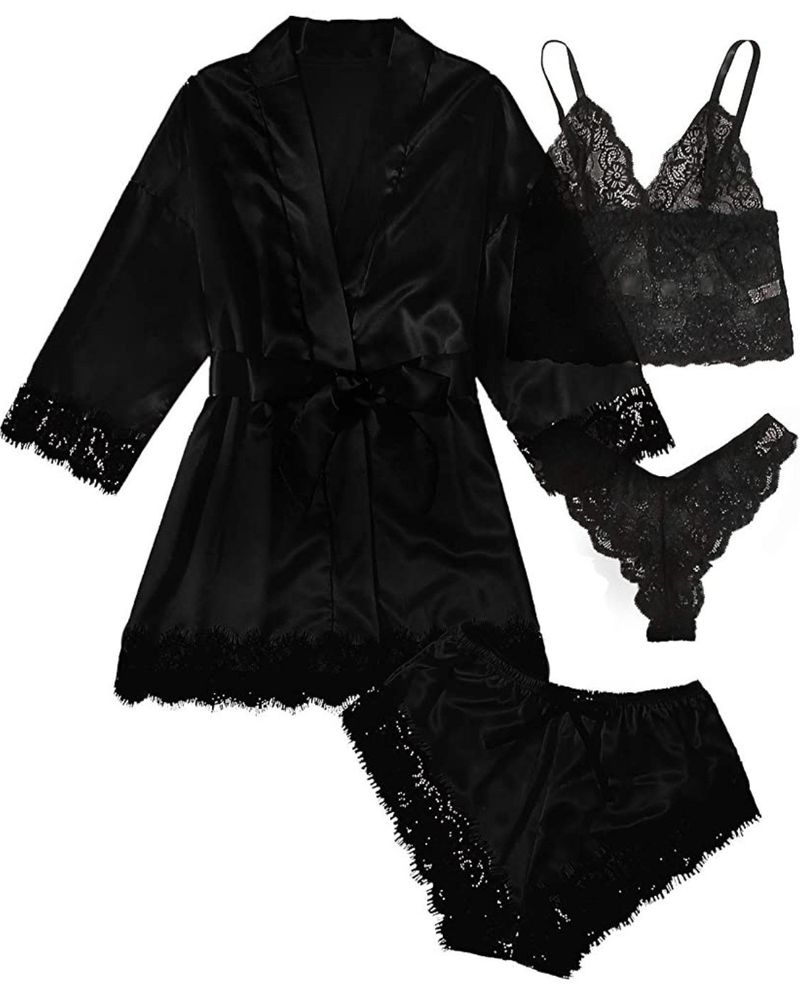 Eros Lab European And American Style Women's Pajamas Four-Piece Set Lingerie Plus Size Export Home Wear Manufacturer Lace_voghion.com