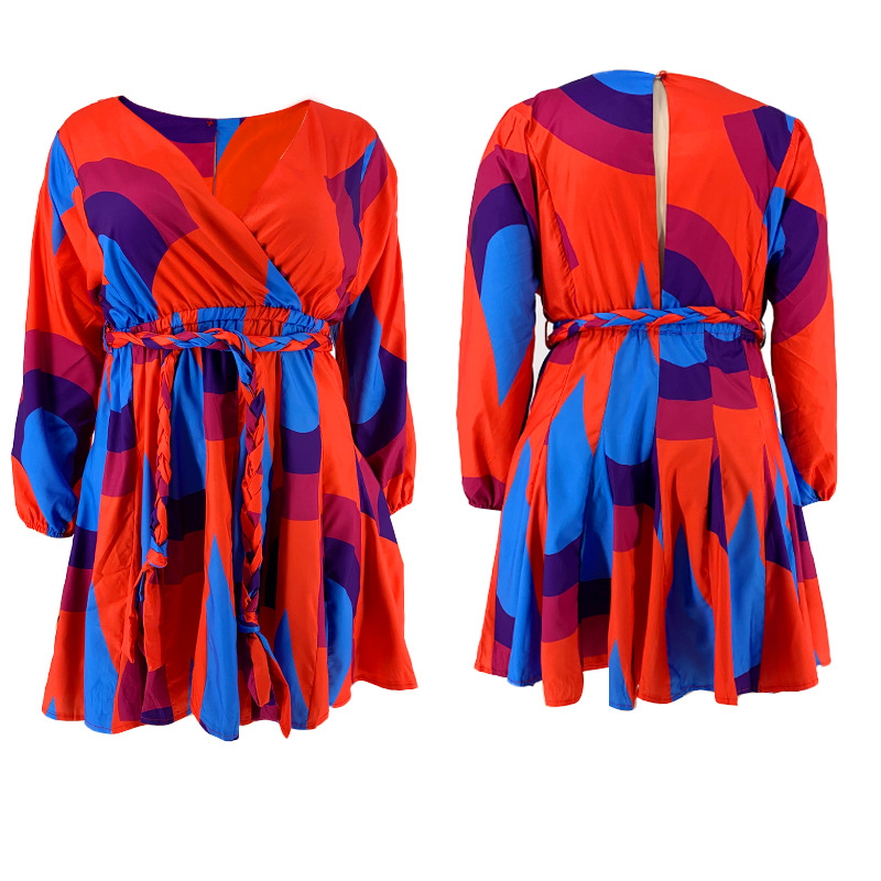 20858 Painettu V-kaula Sexy Woven Swing mekko vyöllä Naisten Plus-koon mekoihin
_voghion.com