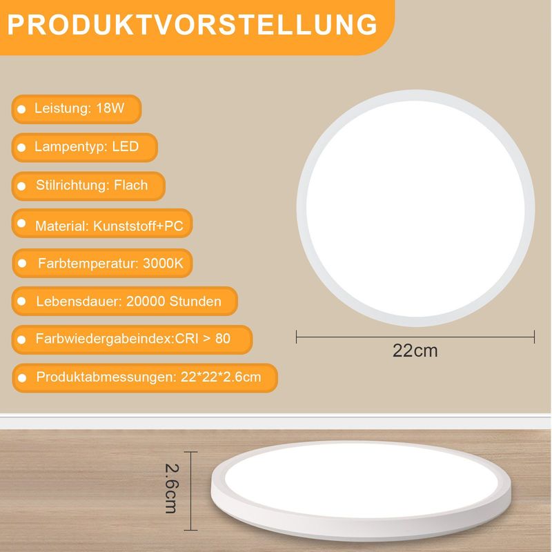 Glitzerlife LED Deckenlampe Deckenleuchte Modern - 3000K Badezimmerlampe Decke 18W Flurlampe Rund Ø22CM Badlampe Für Wohnzimmer Schlafzimmer Küche_voghion.com
