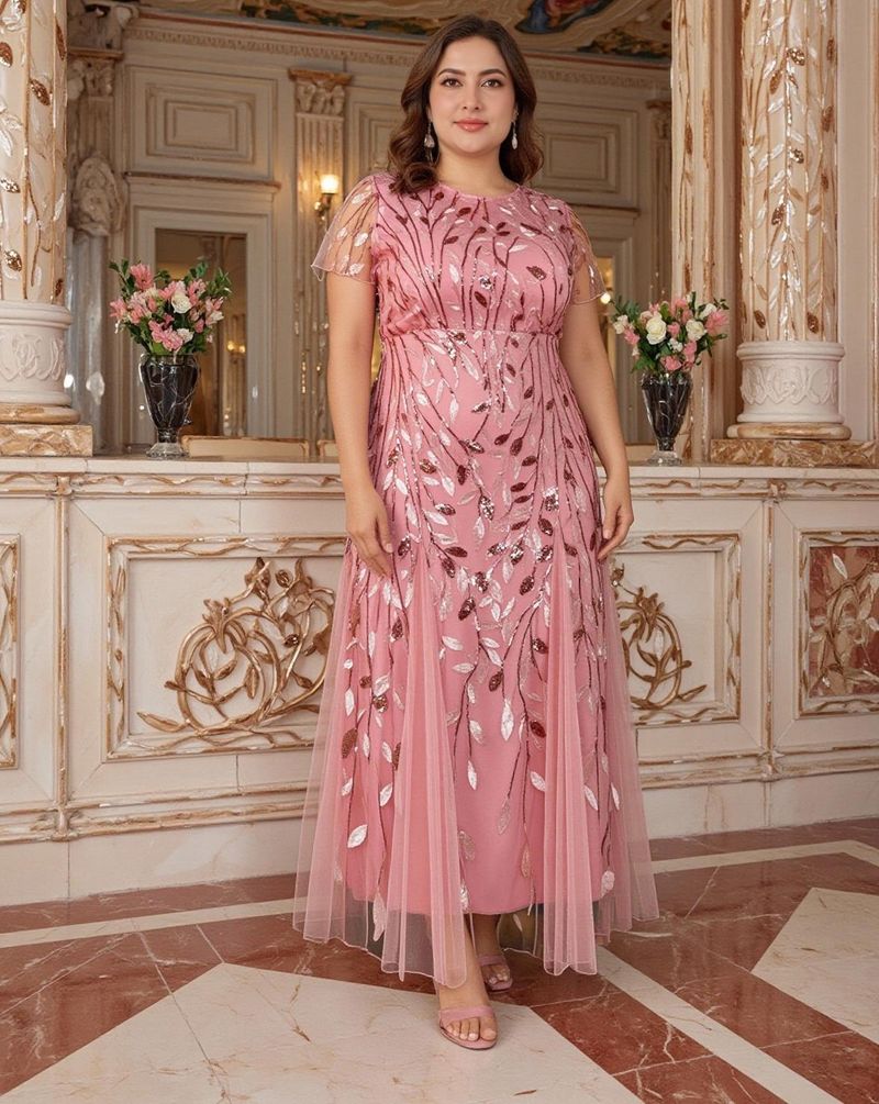 Elegante avondjurk in grote maten voor vrouwen - lange galajurk van mesh met kant en pailletten, bescheiden moslimfeestkleding (roze, 0XL-5XL)_voghion.com