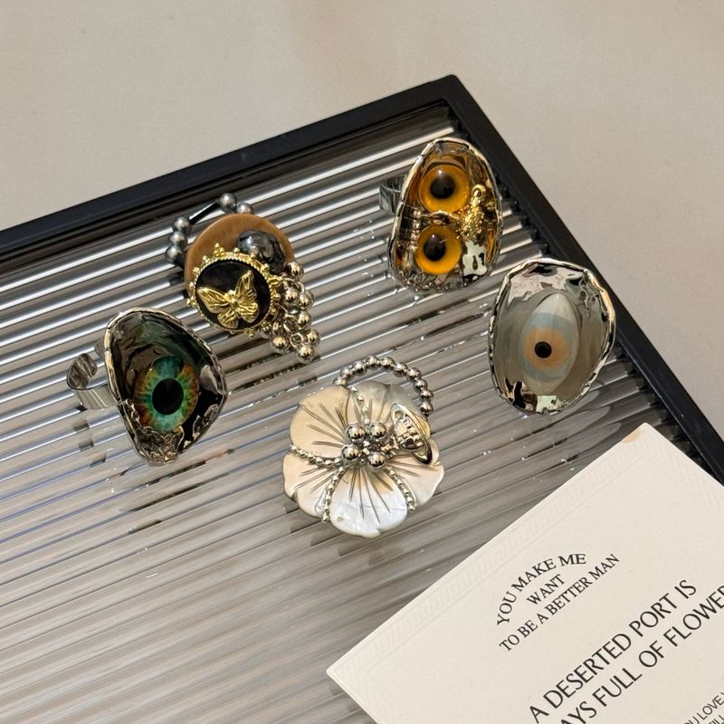 Anello fatto a mano con piccoli occhi da diavolo in smalto a goccia, anello Y2K dolce e fresco, anello impilato con combinazione a vento_voghion.com