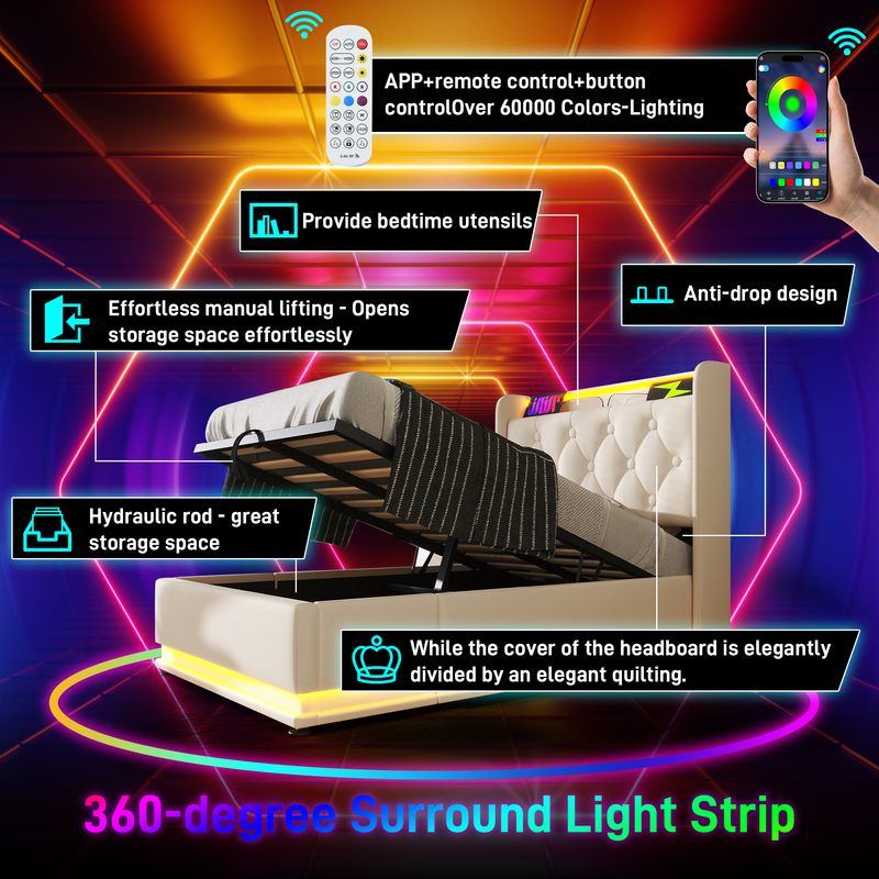 Lit simple 90 x 200 cm en polyuréthane blanc, coffre hydraulique avec éclairage LED panoramique à 360°, commande tactile, application et télécommande, tête de lit capitonnée avec port de charge USB Type-C (matelas non inclus)._voghion.com