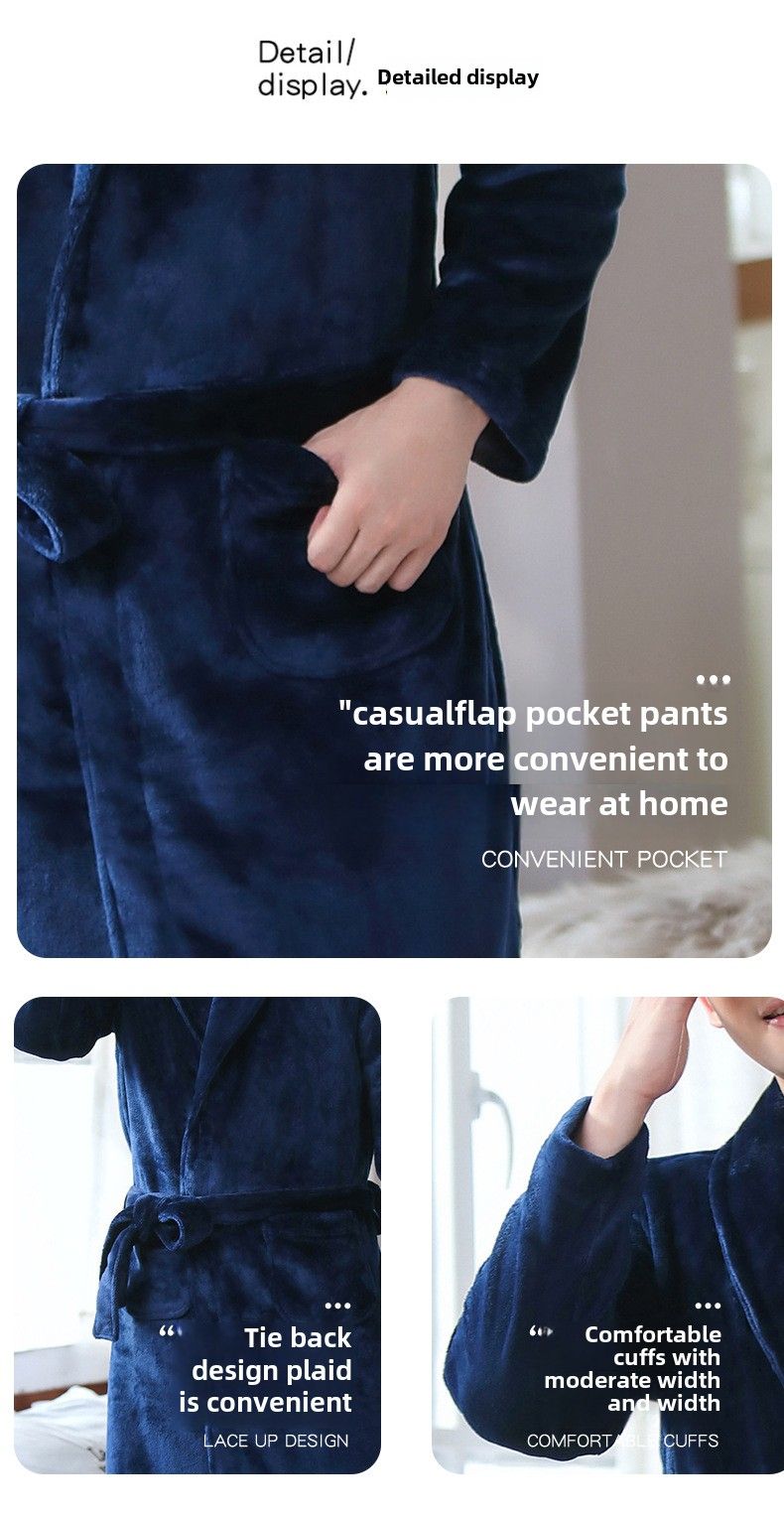 Nachtwäsche Korallensamt-Bademantel, Fleece, verdickter Flanell, Nachtwäsche, lang, Herbst/Winter, gemütlicher Thermo-Pyjama, sowohl für Männer als auch für Frauen_voghion.com