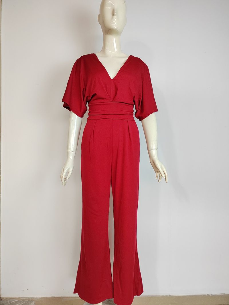 Damesjurk Jumpsuit Hot Sale Diepe V-broek met hoge taille en wijde pijpen_voghion.com