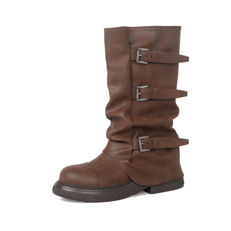 Spicy Girl Wasteland Style 2025 Primavera e Autunno Nuovi stivali da donna Melard con risvolto corto e plissettato_voghion.com