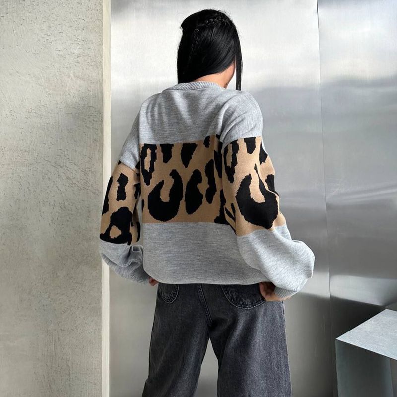 New Leopard Print Sweater Color Block Fashion Trend Loose Round Neck Lazy Style Early Autumn Women's Outerwear_voghion.com