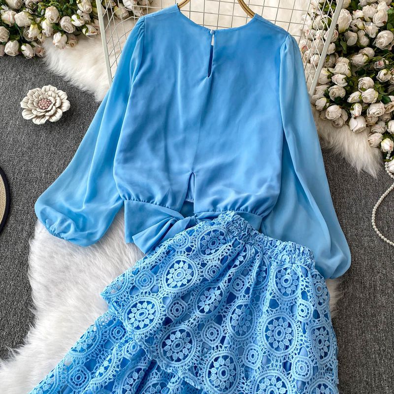 Zachte blauwe getailleerde top met pofmouwen + hoge taille slanke kanten cakerok, tweedelige set_voghion.com