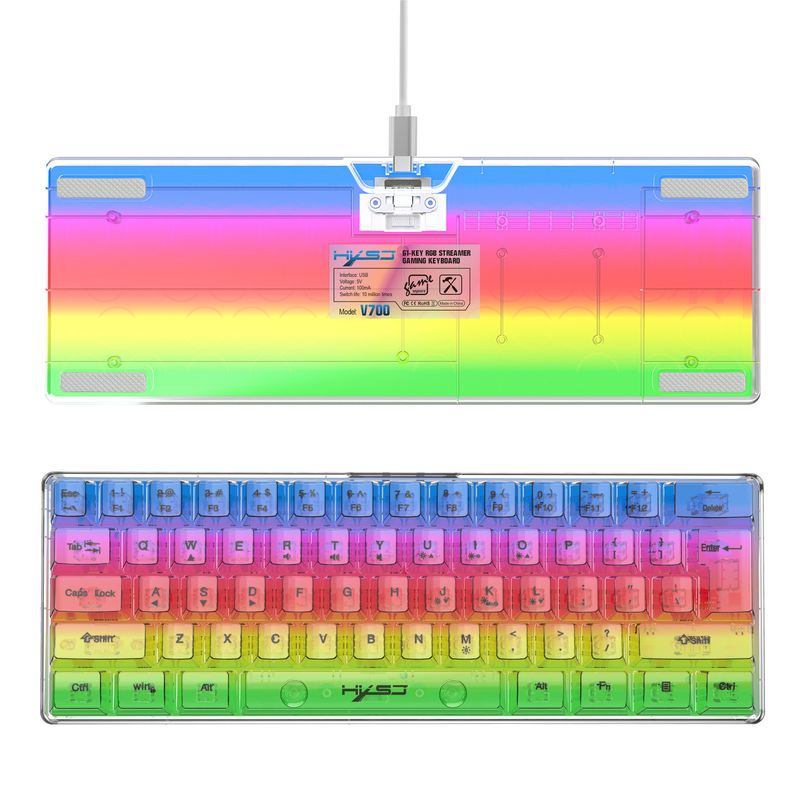 Yeni V700 61 Tuş Kablolu İnce Film Tamamen Şeffaf RGB Arkadan Aydınlatmalı Mekanik Dokunmatik Oyun Klavyesi_voghion.com