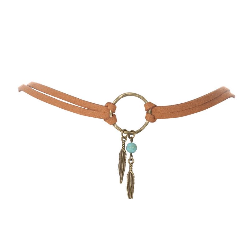 Nuova collana girocollo in bronzo antico con ciondolo a forma di foglia, in pelle, con catena circolare geometrica per clavicola_voghion.com