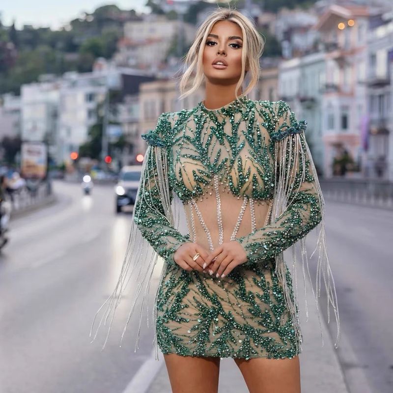 Elegante abito da sera aderente con frange di perline e maniche lunghe per donna - Vita alta, paillettes scintillanti, abito da sera formale per banchetti e occasioni speciali_voghion.com