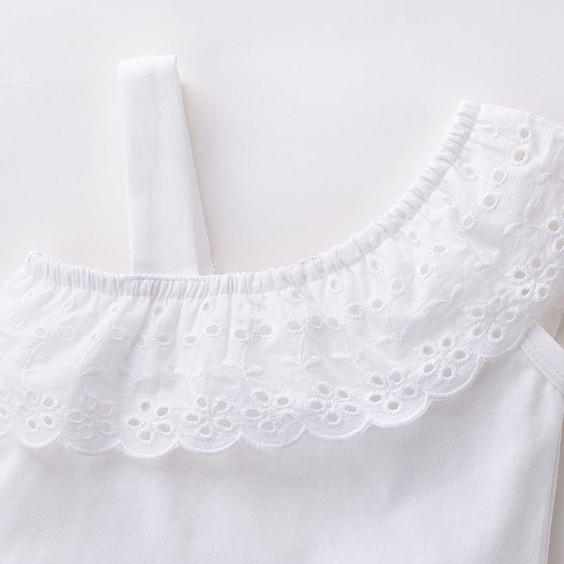 Mother&Kids Children's summer set solid color single strap sleeveless lace top denim shorts two pieces_voghion.com