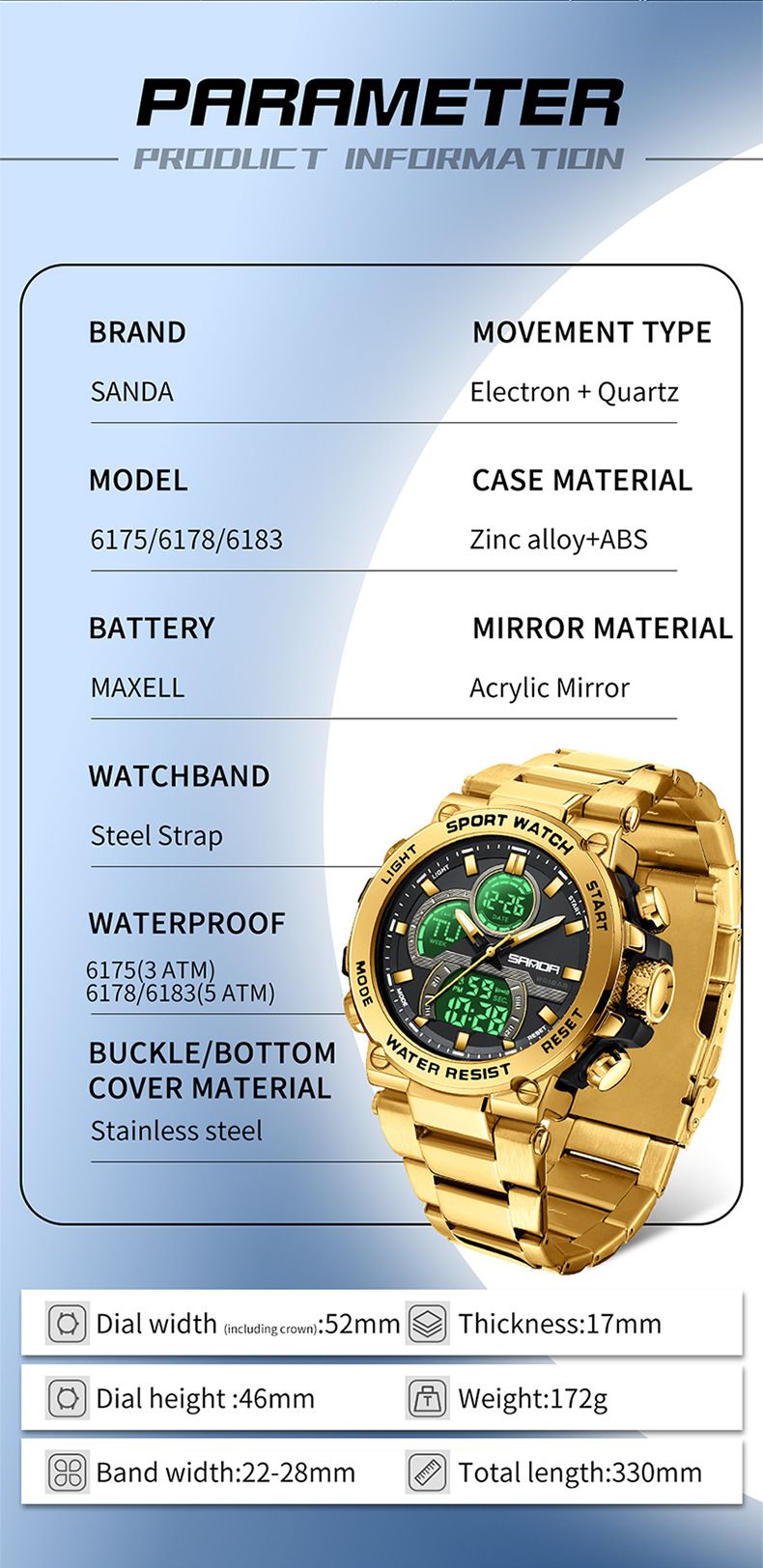 Montre homme en acier inoxydable à double affichage, multifonctionnelle : étanche, rétroéclairage LED, chronomètre, alarme, heure universelle, bracelet en acier inoxydable._voghion.com