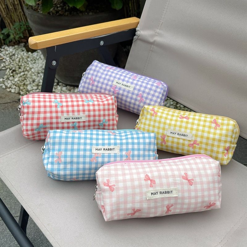 Begge Checkered Bow Makeup Bag - Large Capacity & Cute (Stylish Cosmetic Pouch For Girls)_voghion.com