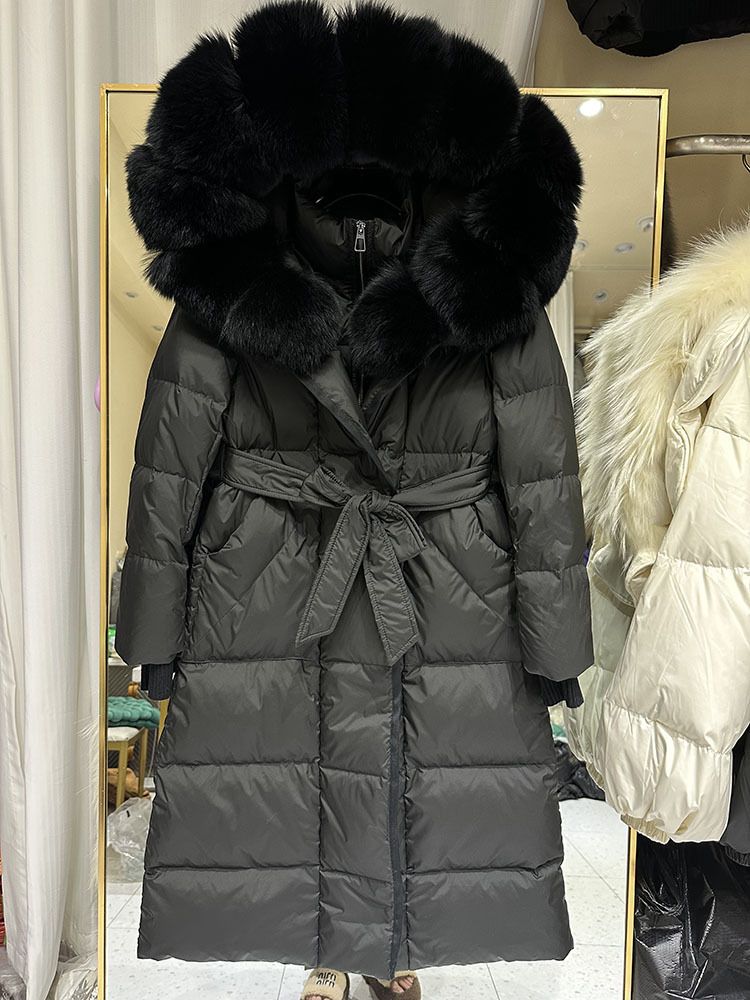 Fox Fur Large Collar Down Jacket With Hood And Long Style For Winter, Slim Waist And Knee Length Thickened Women's Coat_voghion.com