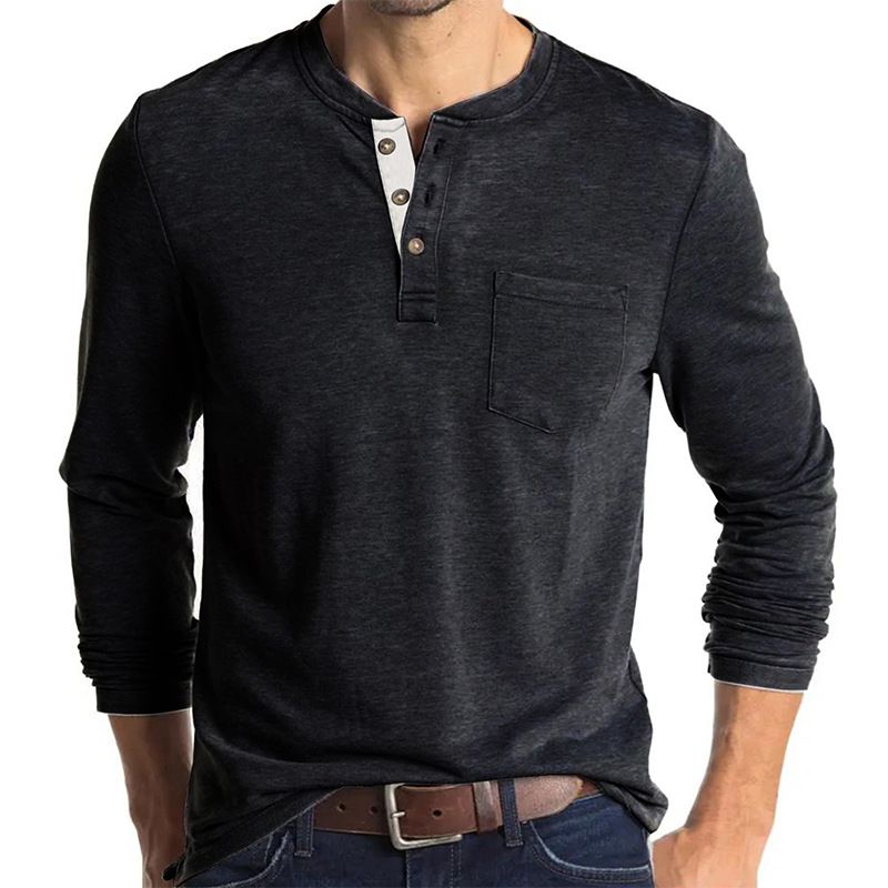 Henley-T-Shirts für Herren mit Knopfleiste, langen Ärmeln und Tasche, entspannte Passform, 100 % schwere Baumwolle_voghion.com