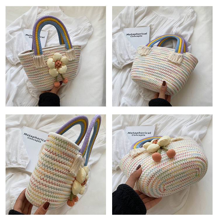 Borsa da studente in corda di cotone arcobaleno intrecciata Borsa da studente carina e versatile Borsa a fiori rifinita da donna Borsa da spiaggia per le vacanze al mare_voghion.com