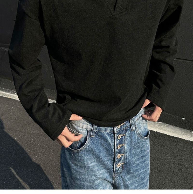boy Boy Autumn Winter De Velvet V-Neck Sweatshirt Warm Inner Layer Base Shirt Long Sleeve T-Shirt Top Trendy Men's Cool Fashion_voghion.com