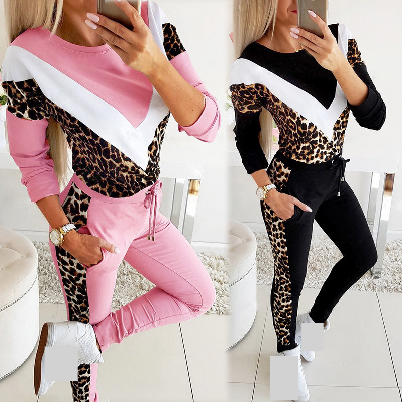 Women's Clothing spring and autumn new round neck V shaped leopard print color matching sweatshirt suit_voghion.com