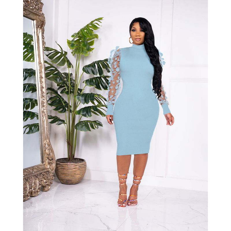 Abbigliamento da donna Elegante abito a coste con maniche in rete floreale e colletto a petalo 3D per donna_voghion.com