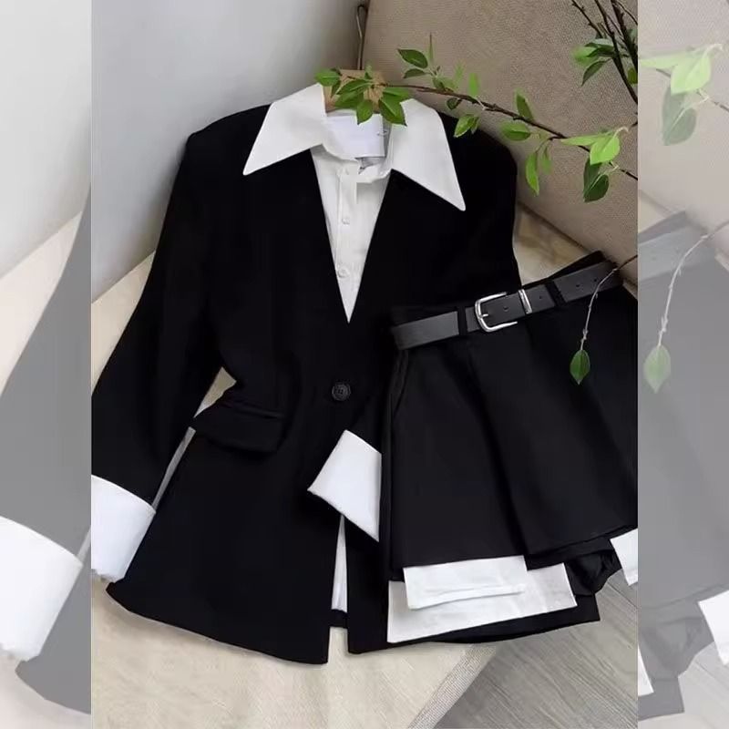 Ensemble deux pièces pour femme coréenne, blazer, jupe et pantalon patchwork ceinturés_voghion.com