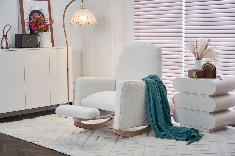 Fauteuil à bascule 044 avec pouf, fauteuil inclinable d'intérieur à dossier haut en tissu Teddy blanc pour salon_voghion.com