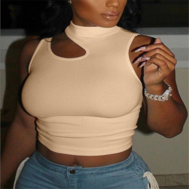 Women's Clothing Green Solid Color High Waist Stitching Pullover Navel Exposed Round Neck Slim Fit Small Short Vest_voghion.com