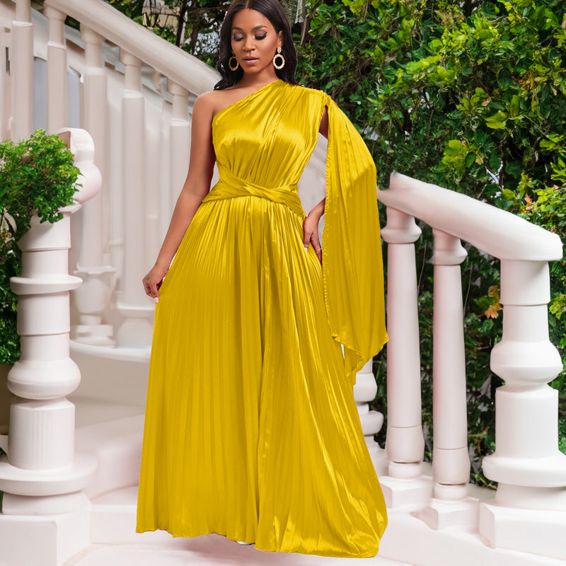 women's clothing new one-shoulder pleated long skirt oblique collar waist dress _voghion.com