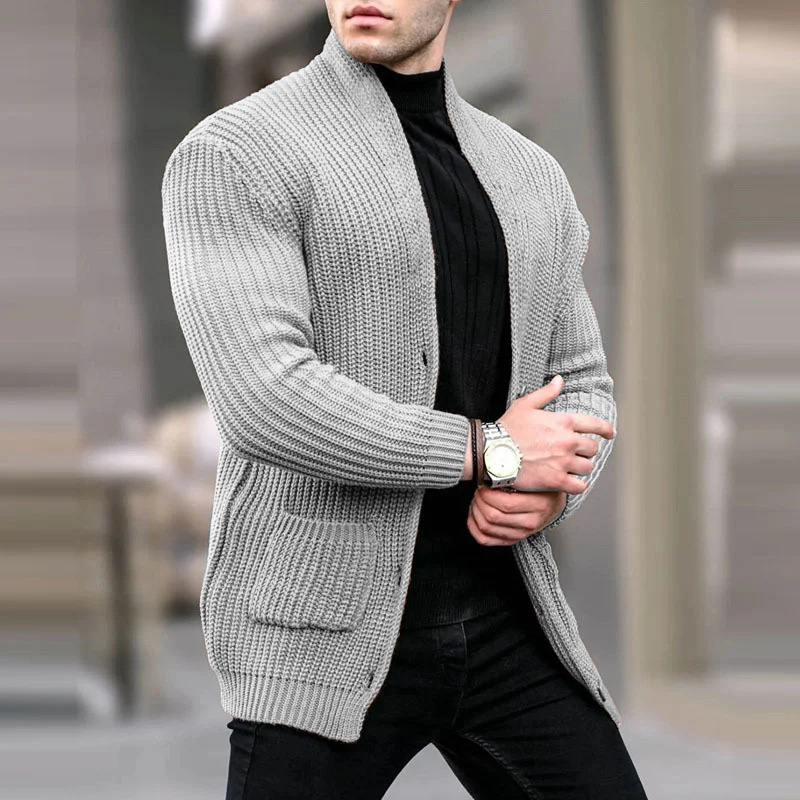 Herreklær Europeisk og amerikansk motekardigan Langermet løs ensfarget lommeknapp Slim fit Herregenser for høst og vinter_voghion.com
