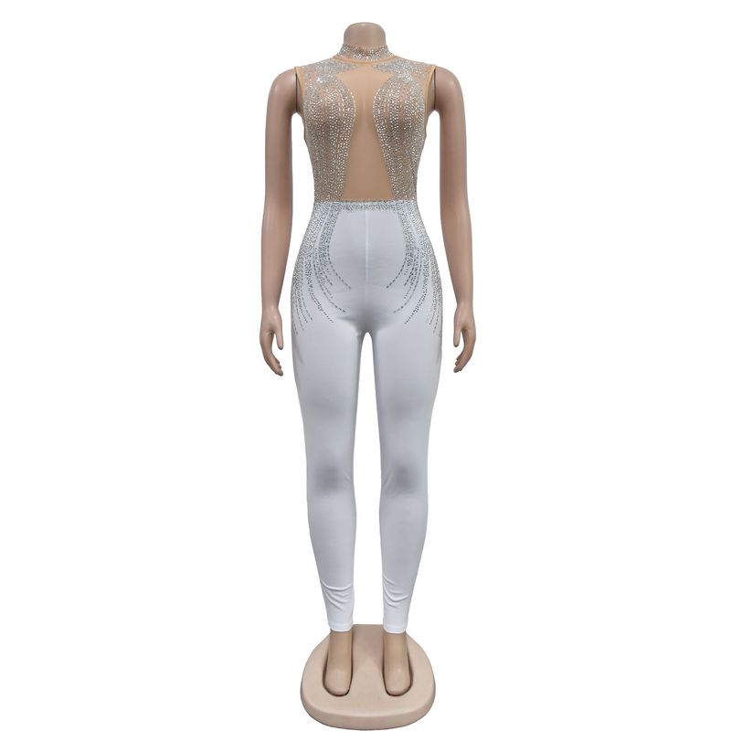 Vêtements pour femmes mode femmes couleur unie maille presse perceuse sans manches pantalon combinaison_voghion.com