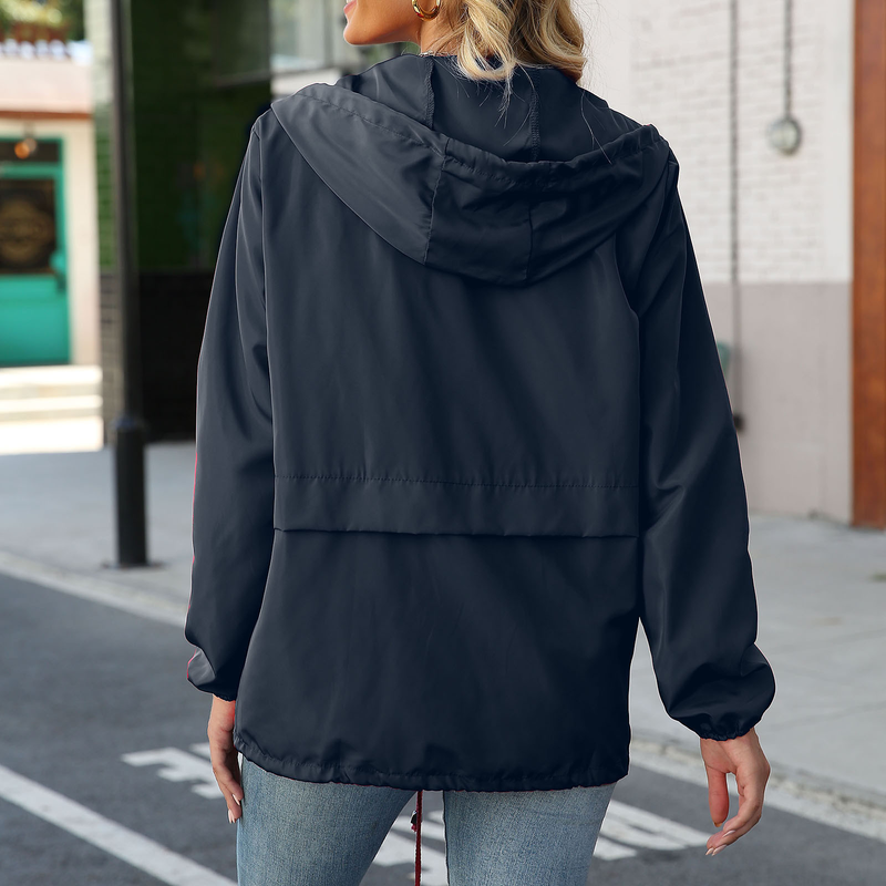 Mode damer i enfärgade långärmad vindjacka utomhusjackor Regnjacka med huva vindtät kappa Ytterkläder_voghion.com