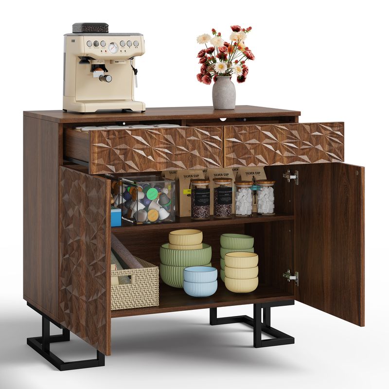 Credenza Kommode 80x78cm Walnussoptik Mit Blattrelief, 2 Schubladen & 2 Türen, Metallbeine_voghion.com