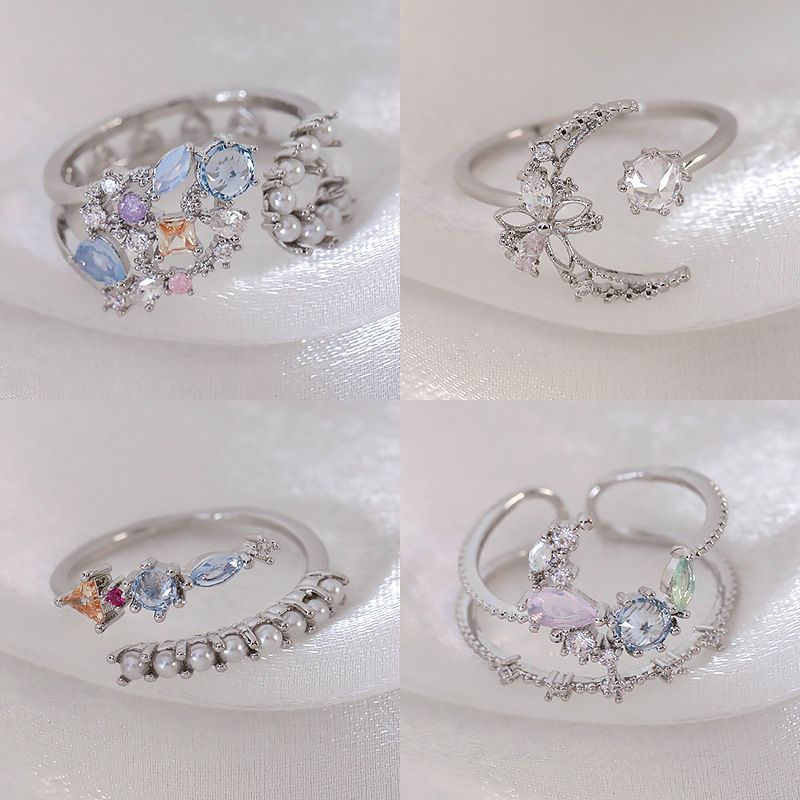 Fashion New Simple All-match Ring Ring Pearl Flower Zircon Irregular Opening Design Adjustable Ring_voghion.com