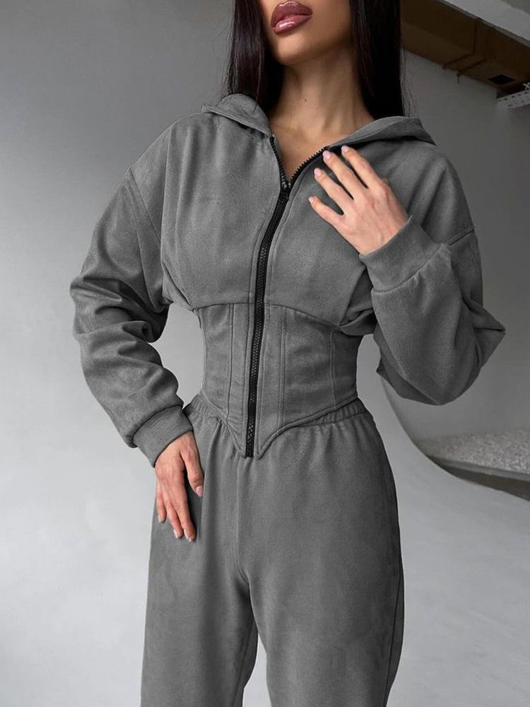Women's Solid Color Hooded Sweatshirt & Jogger Pants Set - Stylish Streetwear Two-Piece Outfit For Fall/Winter Casual Wear_voghion.com