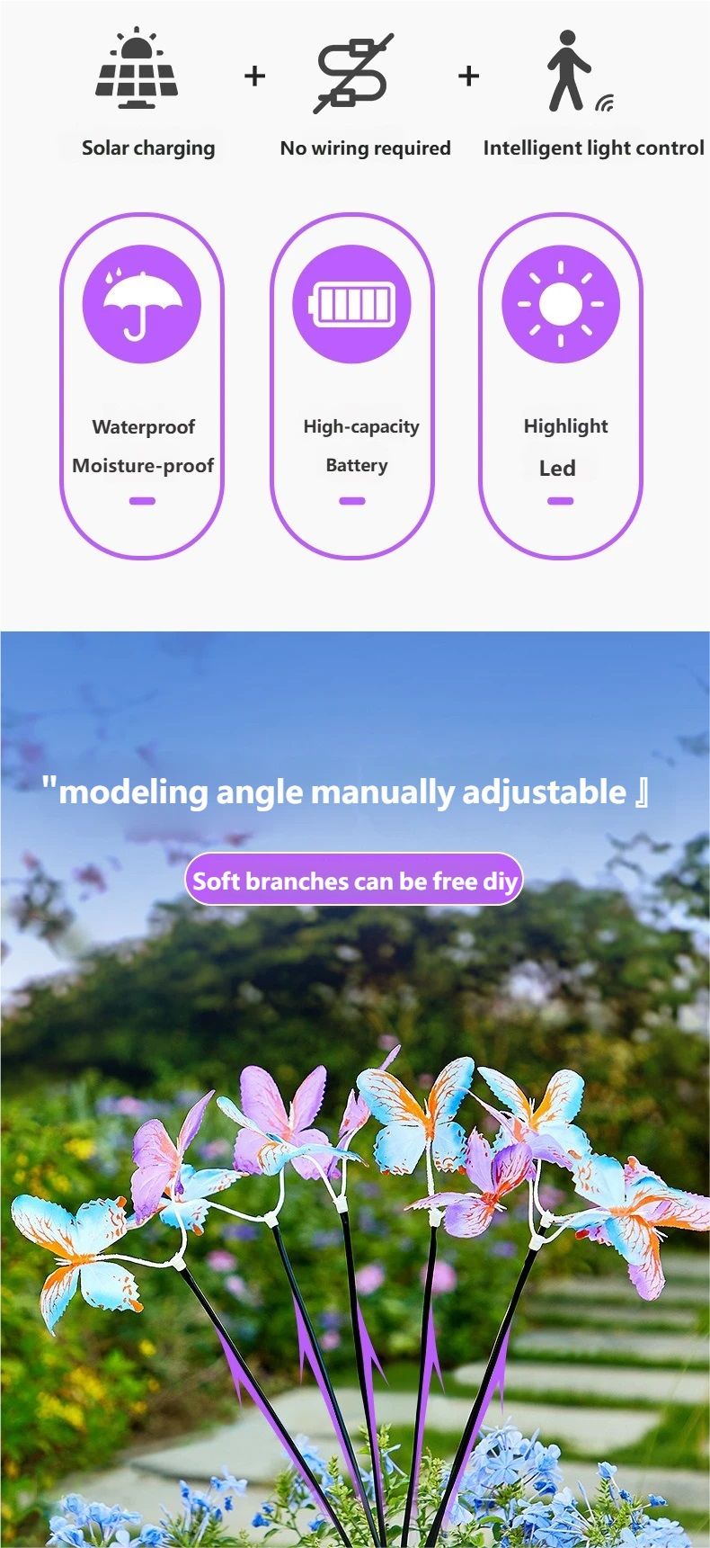 Luce solare a forma di farfalla, con spina da pavimento, simulazione di fiori, luce a farfalla, luce LED per esterni, impermeabile, da giardino e prato_voghion.com