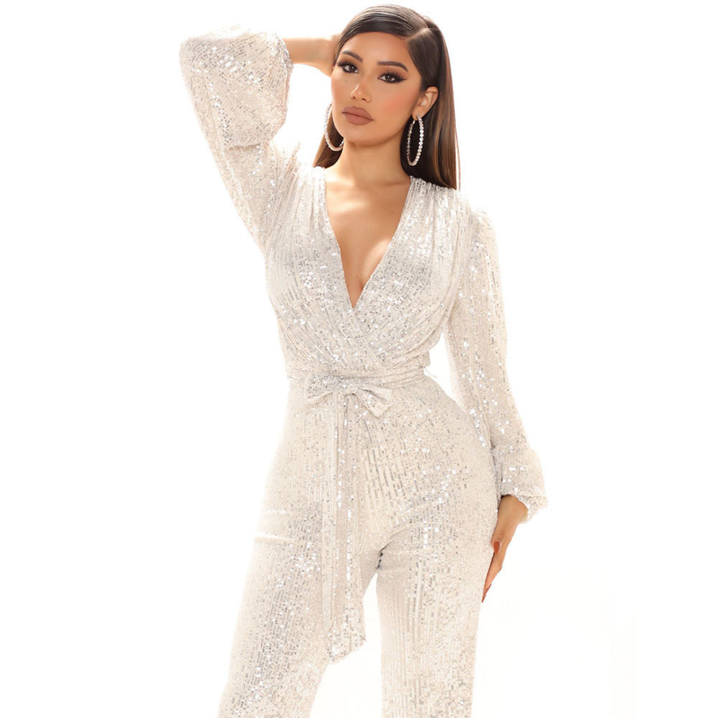 Women's sequined deep V-neck long-sleeved jumpsuit _voghion.com