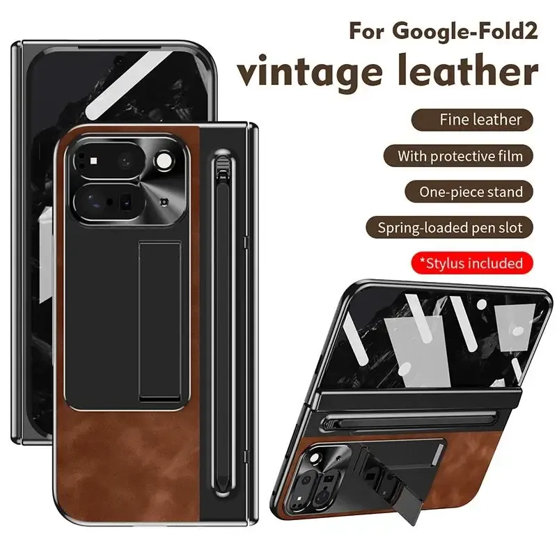 Luxus-Retro-Leder mit S-Pen-Ständer-Telefonhülle für Google Pixel Fold 2 Scharnier-Displayschutzfolie Stiftschlitz Stoßfeste Abdeckung_voghion.com