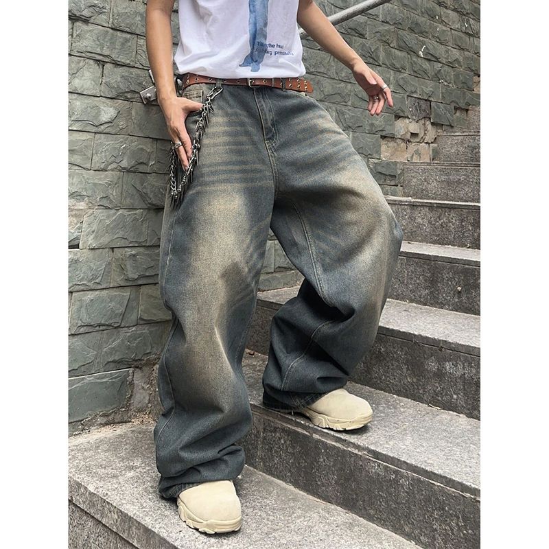 Men's Clothing Spring And Autumn Washed Old Design Jeans Loose Floor Mopping Wide Leg Long Pants_voghion.com