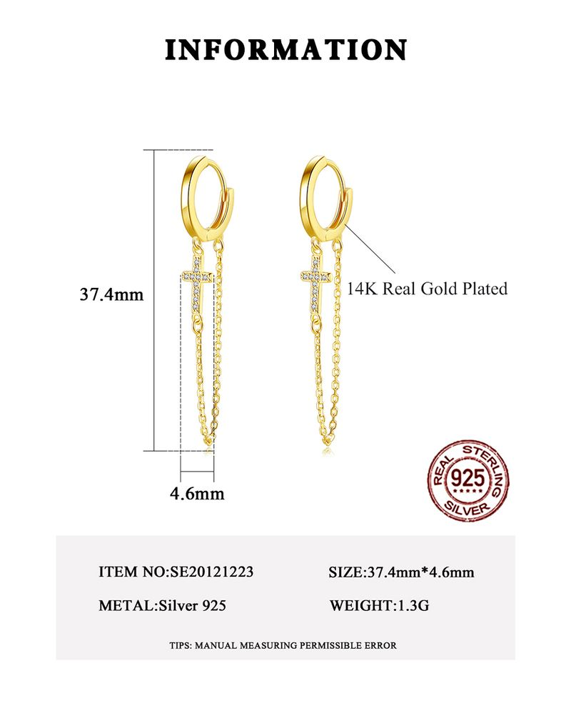 Orecchini a croce con zirconi cubici in argento sterling, con catena a clip e zirconi cubici, per ragazze e donne_voghion.com