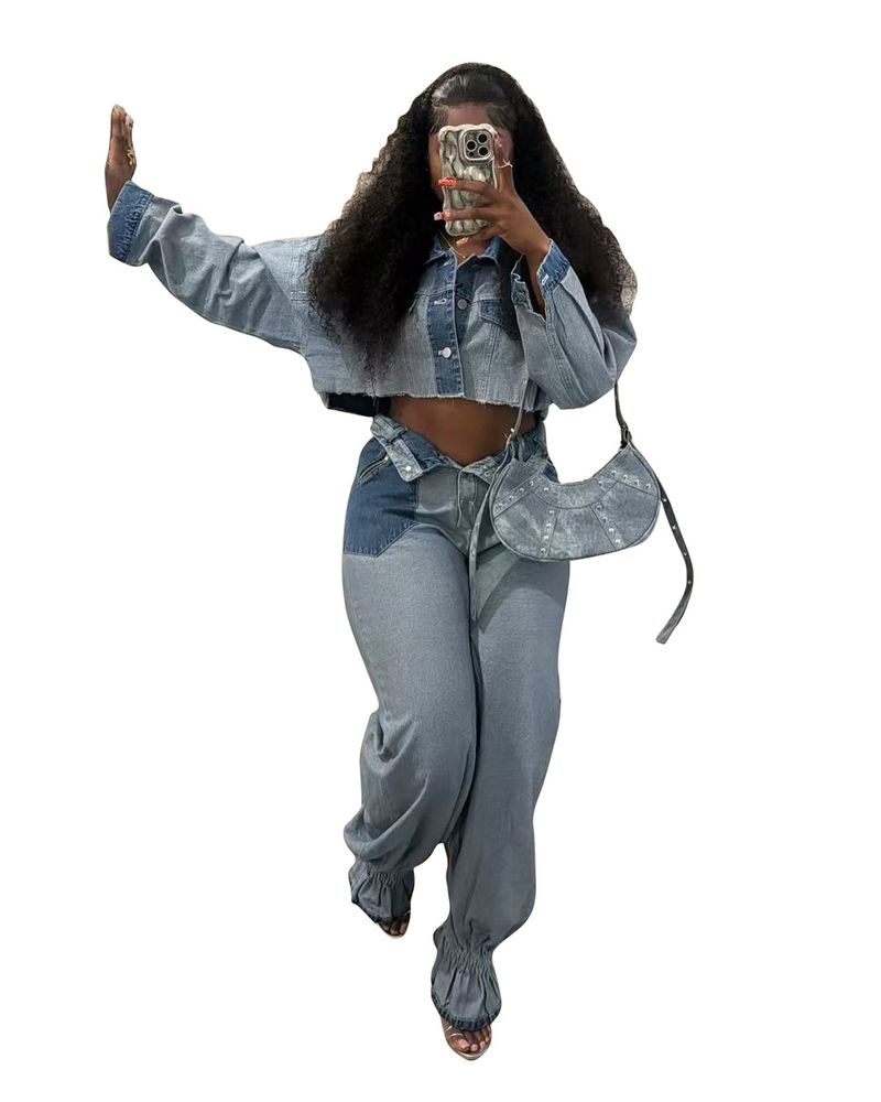 Ubrania damskie Casual Kolor Dopasowany Denim Garnitur_voghion.com