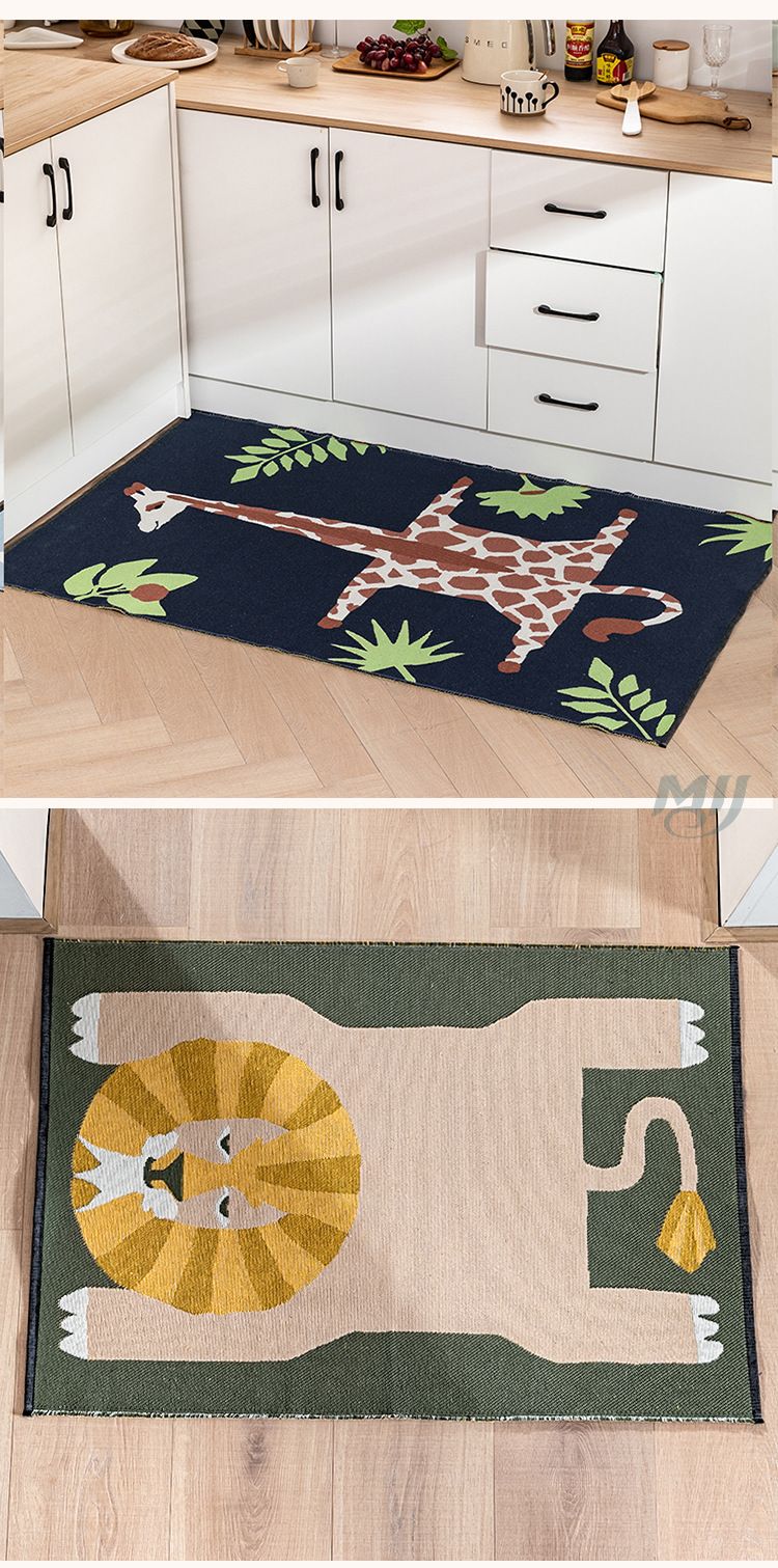 Katoenen Jacquard Krullende Vloermat met Dierenbloempatroon, Binnendeurmat, Dubbelzijdig Geweven Kleur, Beddeken, Kindervloermat_voghion.com