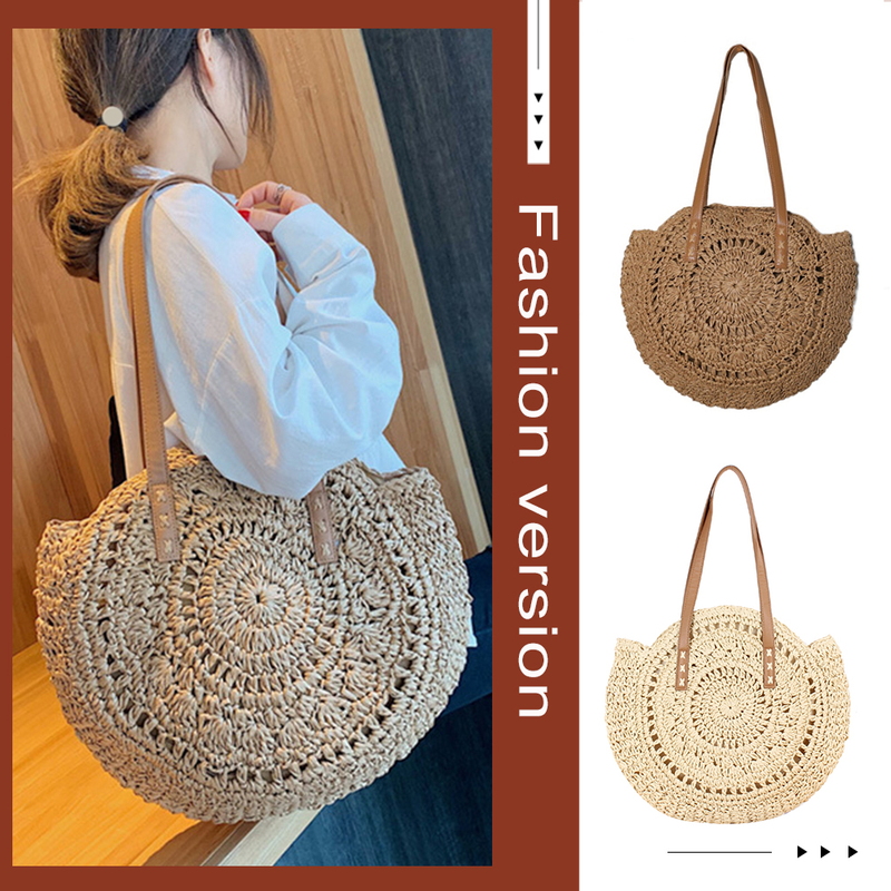 Borsa a tracolla grande intrecciata vintage da spiaggia in paglia rotonda da donna 2023, in rafia, con cerchio in rattan, bohémien, estate, vacanze, boho_voghion.com