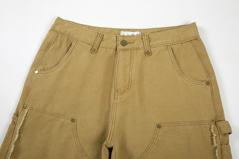 Ropa para hombre, nuevos pantalones cortos de mezclilla rectos estilo leñador con múltiples bolsillos, pantalones cortos holgados de verano con bordes sin rematar lavados para hombre_voghion.com
