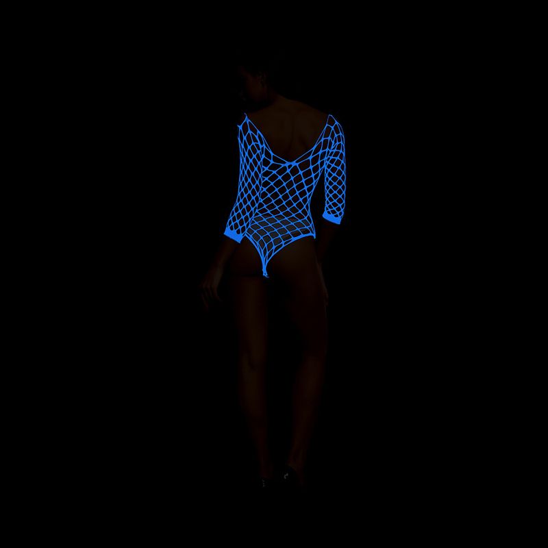 2025d Sexy Dessous Night Glow Blue Light Mesh Bodysuit Leuchtende Strümpfe Dreipunkt-Bikini Langarm Yg494_voghion.com