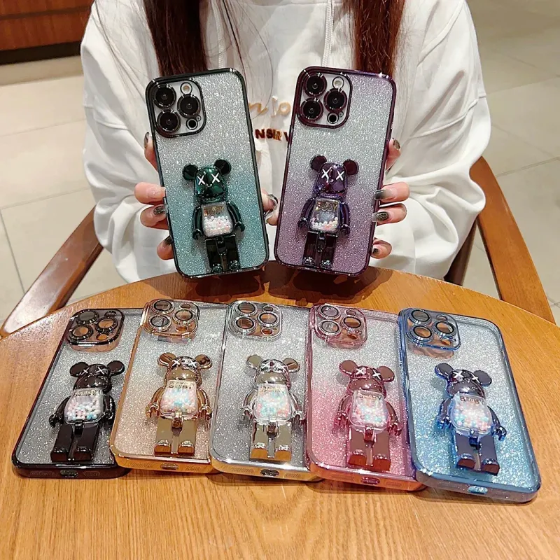 Coque de protection en silicone pailleté dégradé pour iPhone 16, 15 Pro Max, 16 Plus, motif ours en bonbon_voghion.com