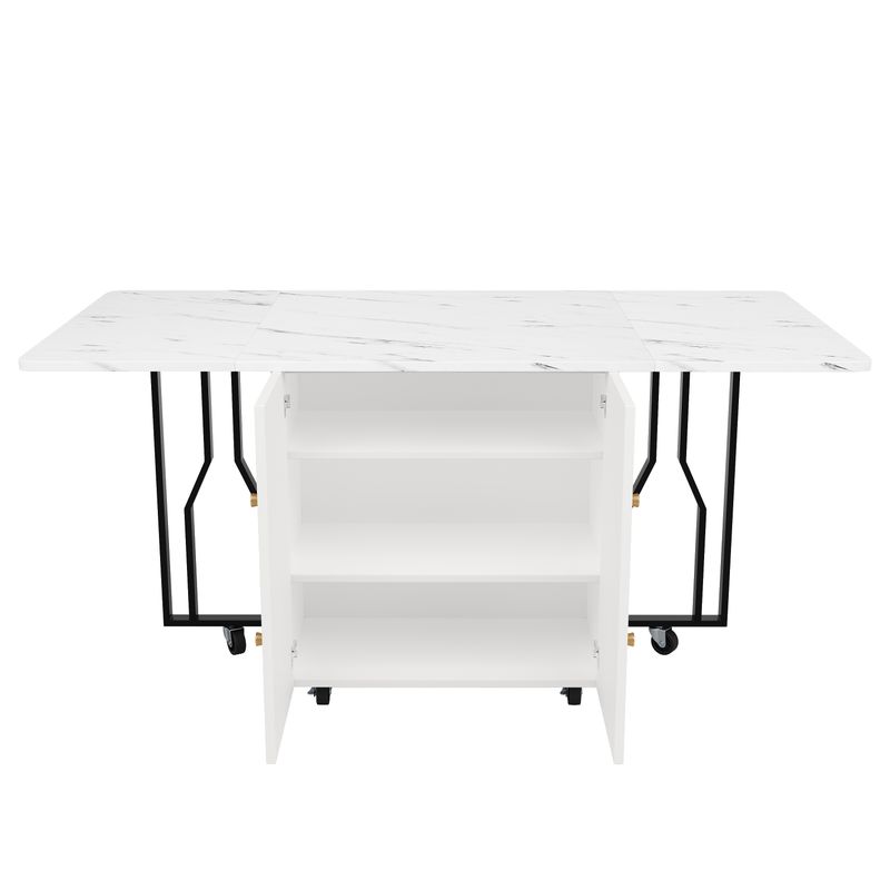 Tragbarer Esstisch Mit Klappbarer Marmorplatte, 6 Rollen, Schwarze Beine_voghion.com