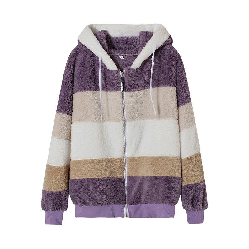 Damenbekleidung Neue Herbst- und Winterjacke mit lockerem Plüsch und mehrfarbiger Kapuze_voghion.com