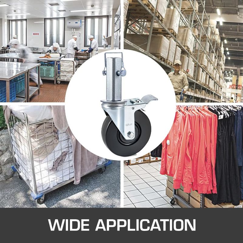 Ruote girevoli in gomma con capacità di carico di 440 libbre, ruote doppie, stelo da 5 pollici, quadrate, 4 girevoli con bloccaggio per ponteggi pesanti da 1,25 pollici_voghion.com